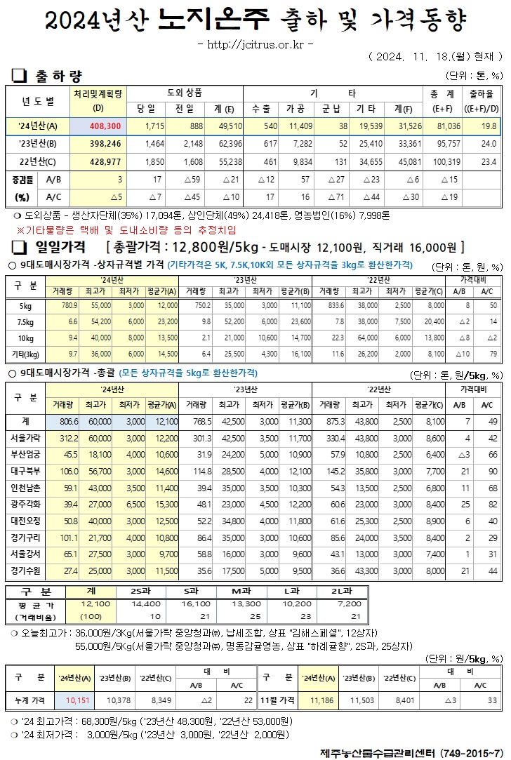 [노지온주]2024년산 출하 및 가격동향(11/18)