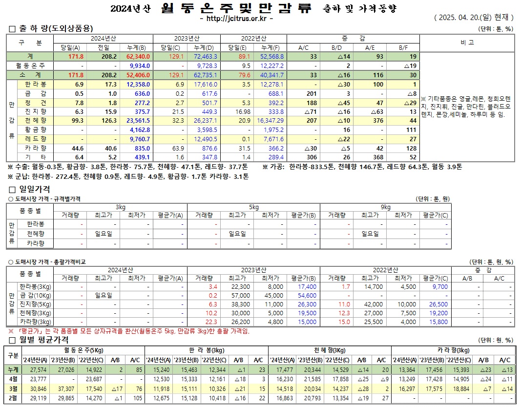 [월동&만감]2024년산 출하 및 가격동향(4/20)