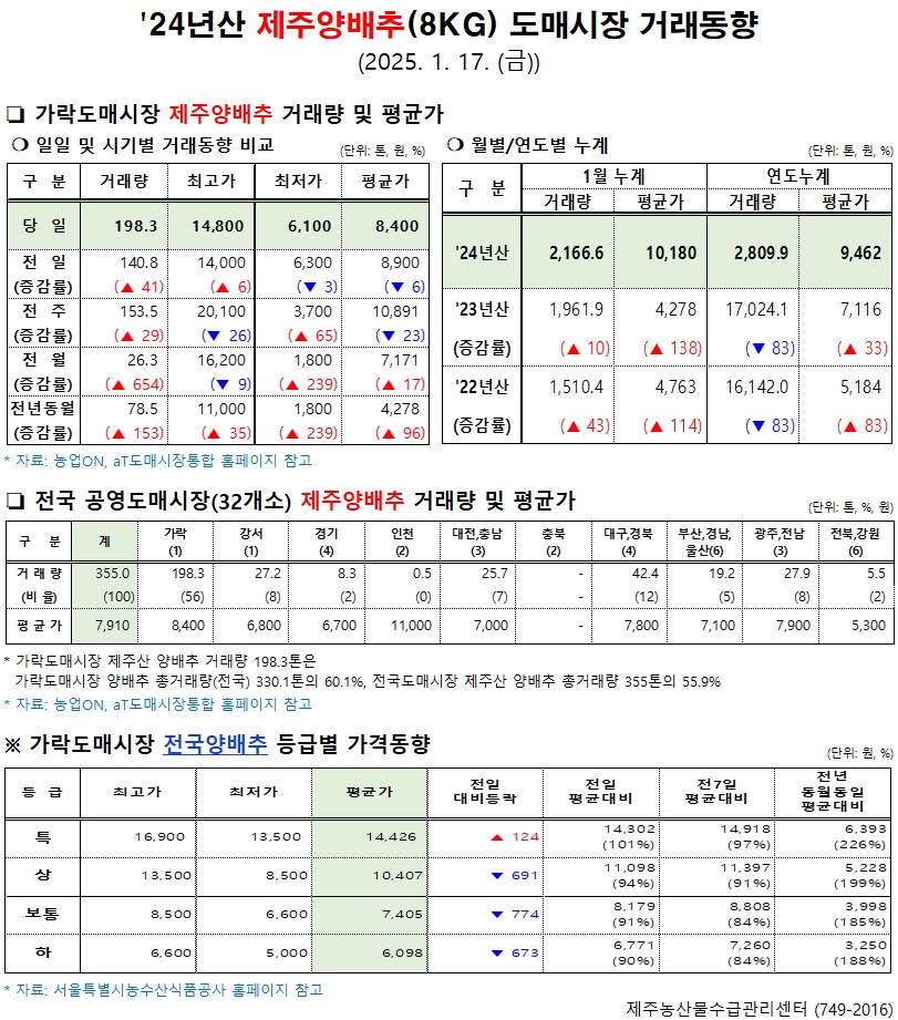 '24년산 제주양배추(8kg) 도매시장 거래동향(1/17)