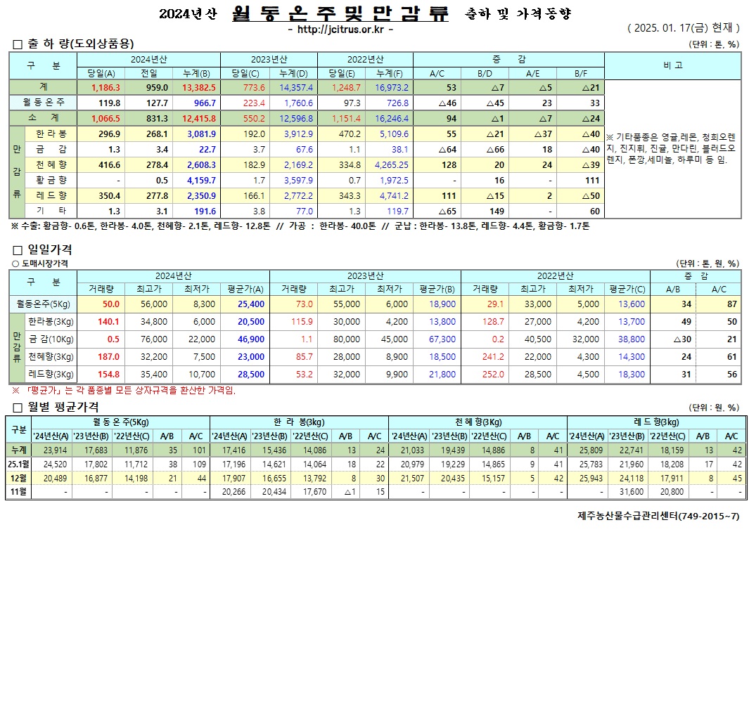 [월동&만감]2024년산 출하 및 가격동향(1/17)