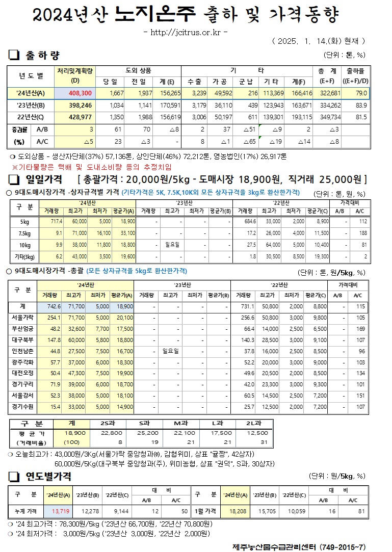 [노지온주]2024년산 출하 및 가격동향(1/14)