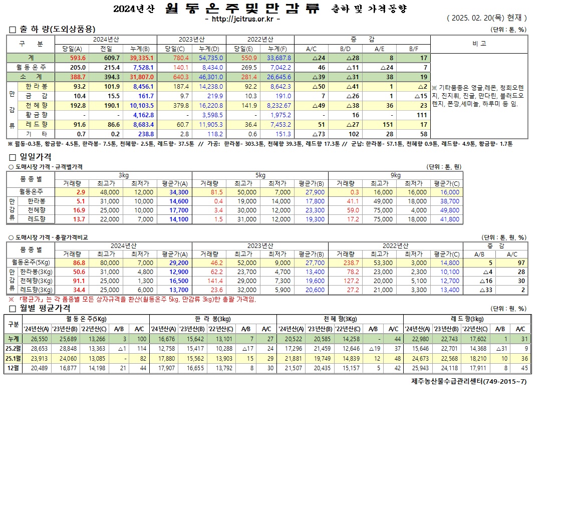 [월동&만감]2024년산 출하 및 가격동향(2/20)