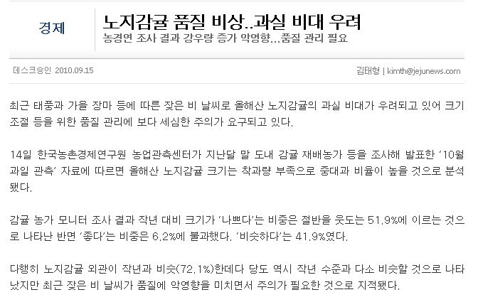 노지감귤 품질 비상..과실 비대 우려