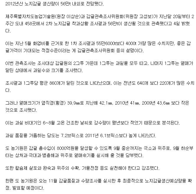 올해산 노지감귤 예상생산량 56만t