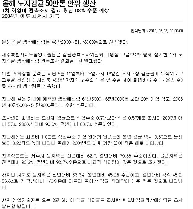 올해 노지감귤 50만톤 안팎 생산