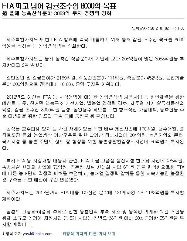 FTA 파고 넘어 감귤조수입 8000억 목표