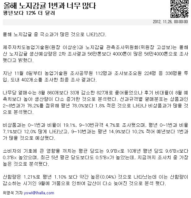 올해 노지감귤1번과 너무 많다