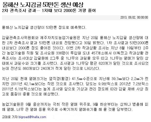 올해산 노지감귤 53만톤 생산 예상