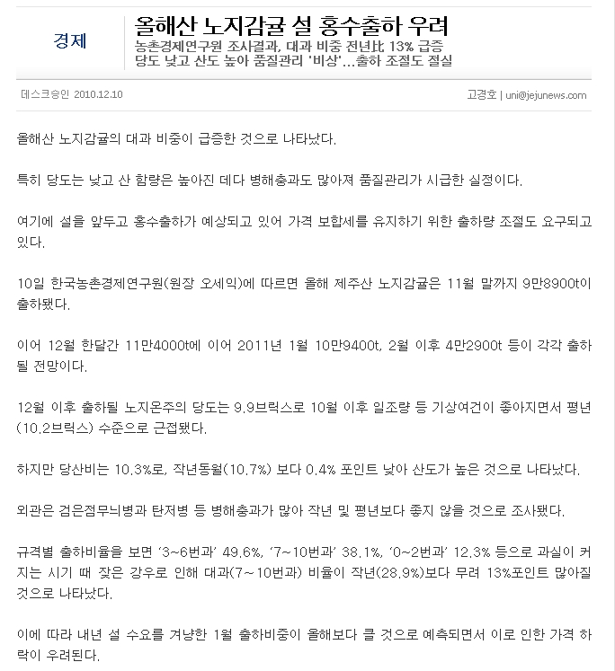 올해산 노지감귤 설 홍수출하 우려