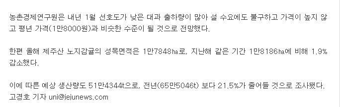 올해산 노지감귤 설 홍수출하 우려