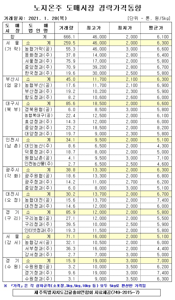 [노지온주]9대도매시장 경락가격(1/28)