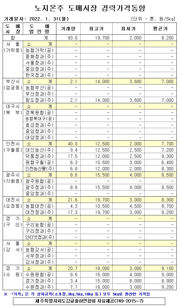 [노지온주]9대도매시장 경락가격(1/31)