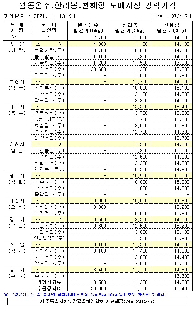 [월동&만감]9대도매시장 경락가격(1/13)
