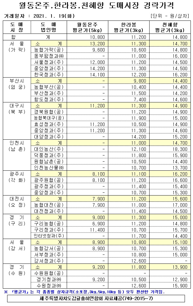 [월동온주]9대도매시장 경락가격(1/19)