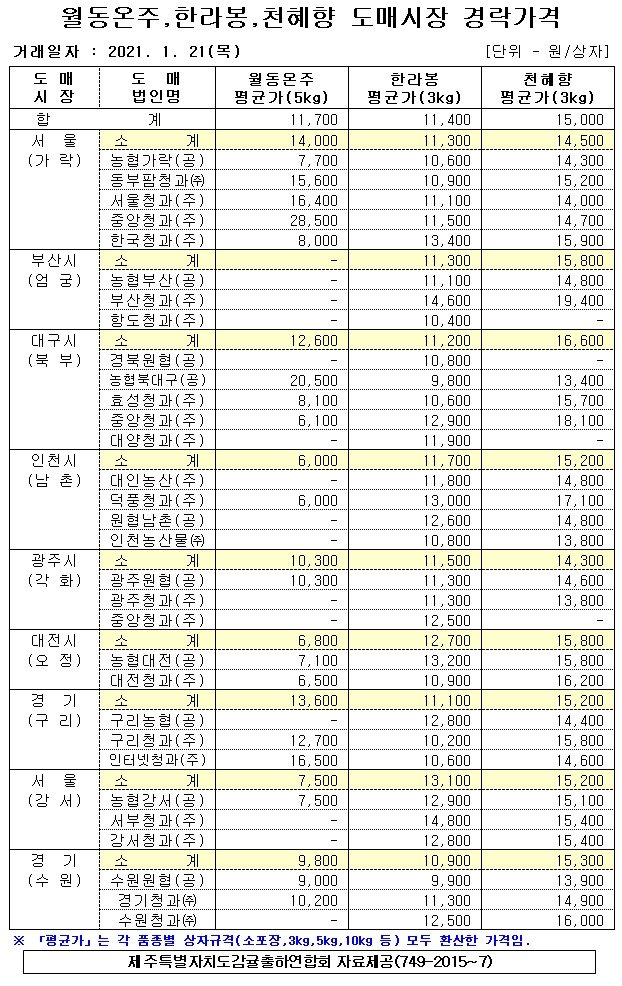 [월동&만감]9대도매시장 경락가격(1/21)
