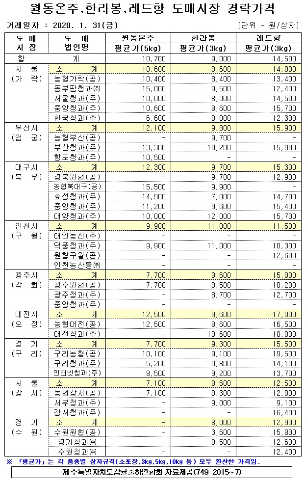 [노지온주]9대도매시장 경락가격(1/31)