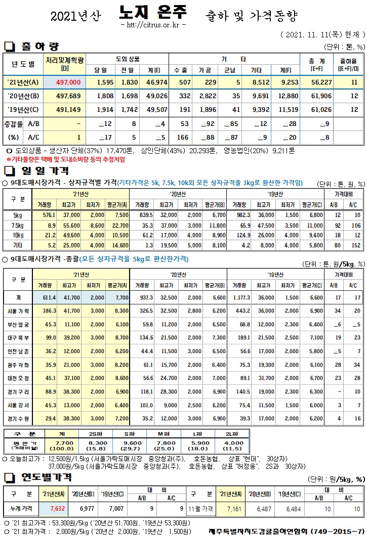 [노지온주]2021년산 출하 및 가격동향(11/11)