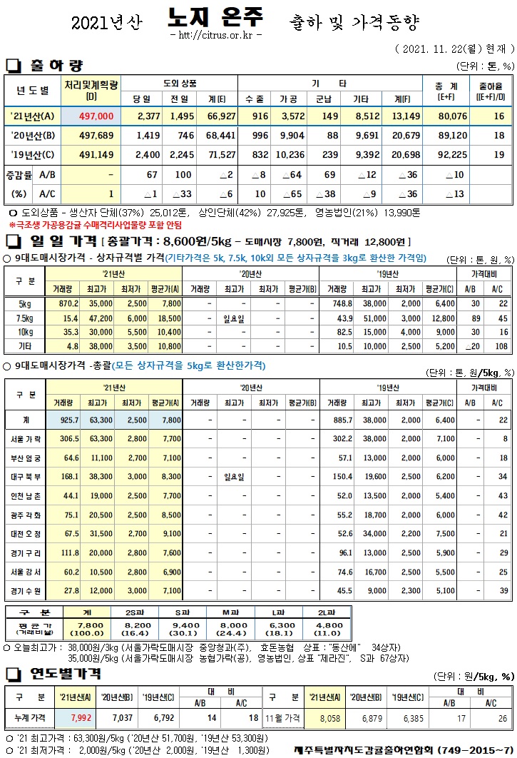 [노지온주]2021년산 출하 및 가격동향(11/22)