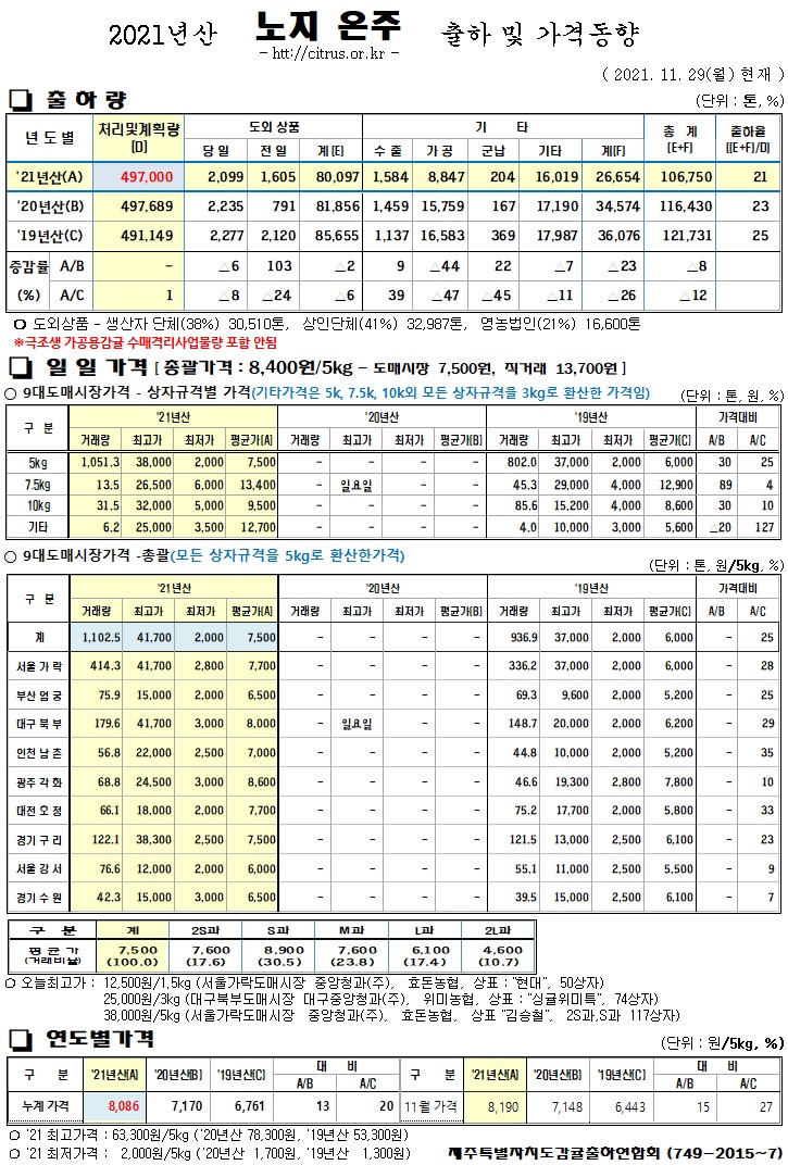 [노지온주]2021년산 출하 및 가격동향(11/29)