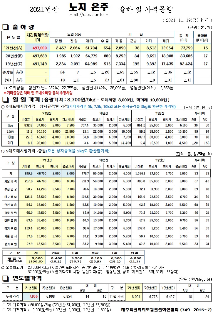 [노지온주]2021년산 출하 및 가격동향(11/19)