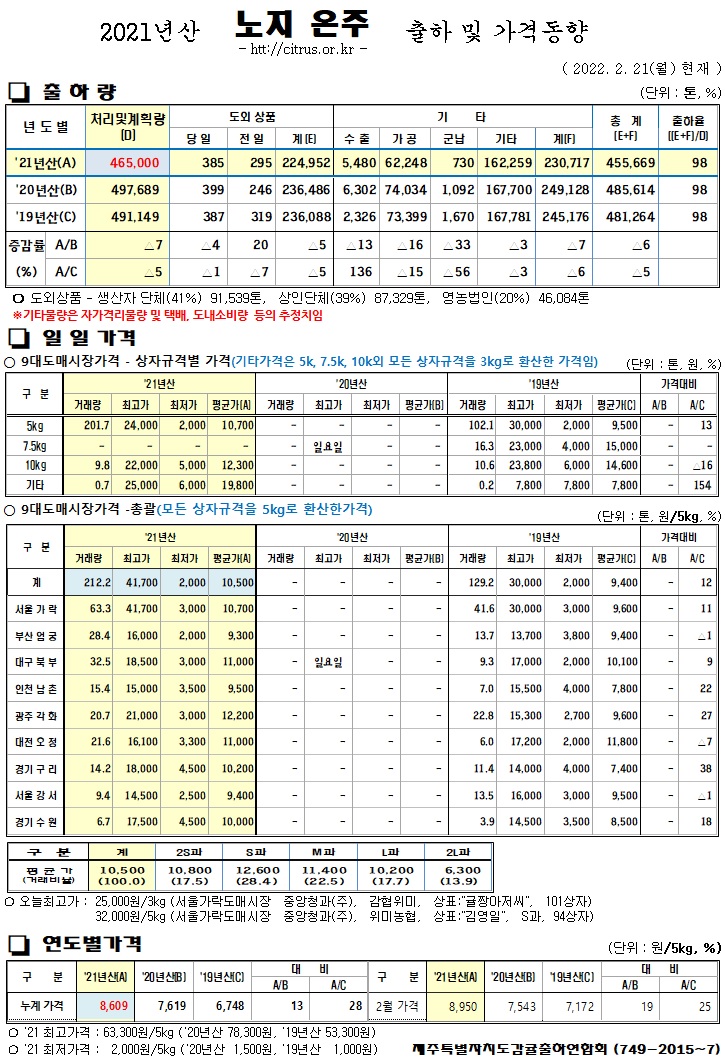 [노지온주]2021년산 출하 및 가격동향(2/21)
