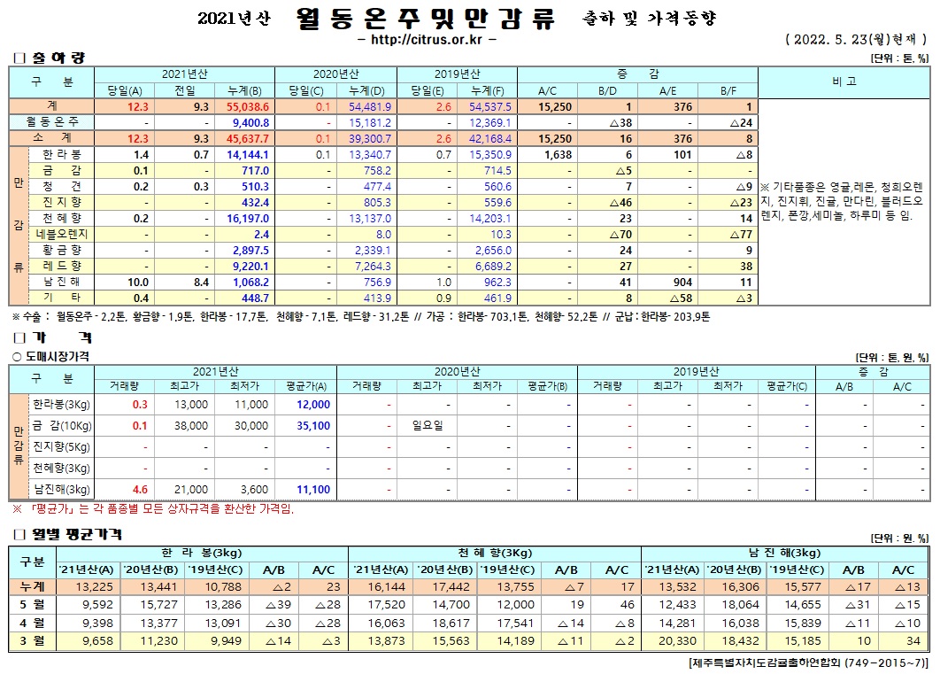 [월동&만감]2021년산 출하 및 가격동향(5/23)