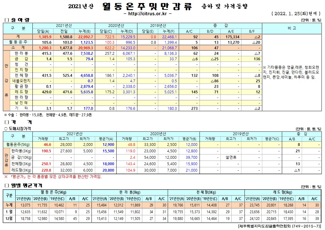 [월동&만감]2021년산 출하 및 가격동향(1/25)