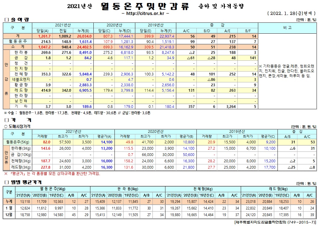 [월동&만감]2021년산 출하 및 가격동향(1/28)