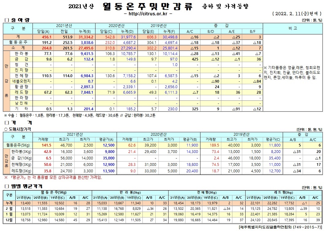 [월동&만감]2021년산 출하 및 가격동향(2/11)