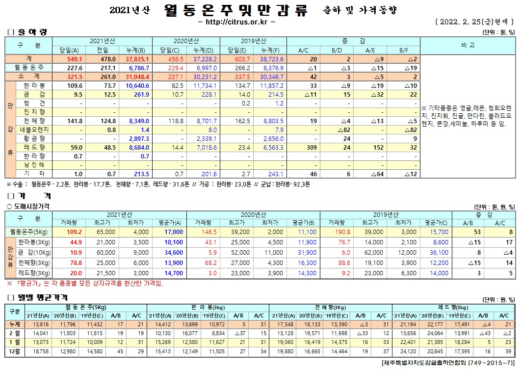 [월동&만감]2021년산 출하 및 가격동향(2/25)