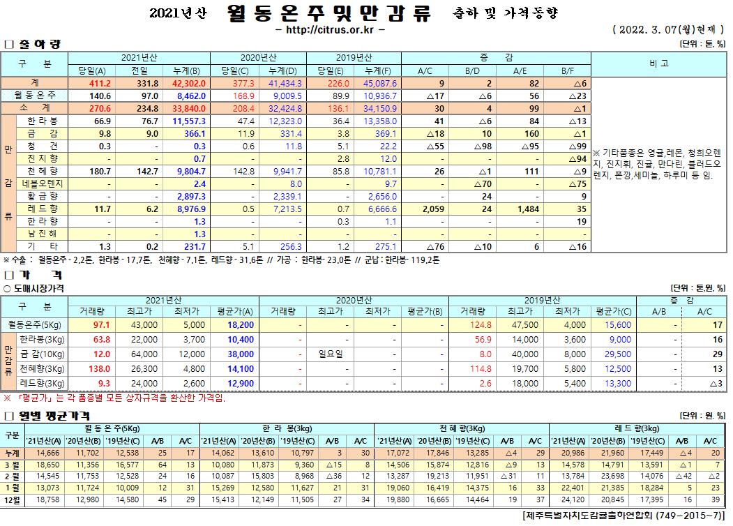 [월동&만감]2021년산 출하 및 가격동향(3/07)