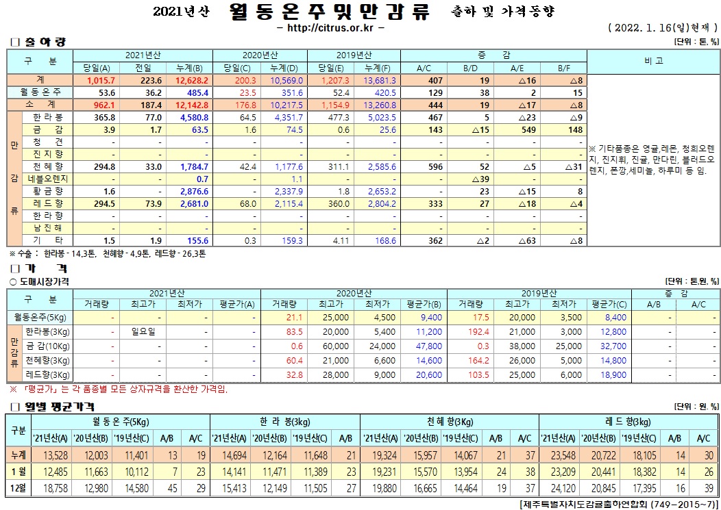 [월동&만감]2021년산 출하 및 가격동향(1/16)