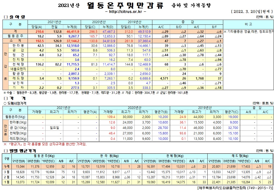 [월동&만감]2021년산 출하 및 가격동향(3/20)