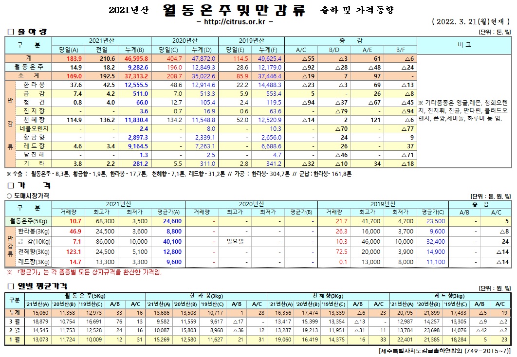 [월동&만감]2021년산 출하 및 가격동향(3/21)