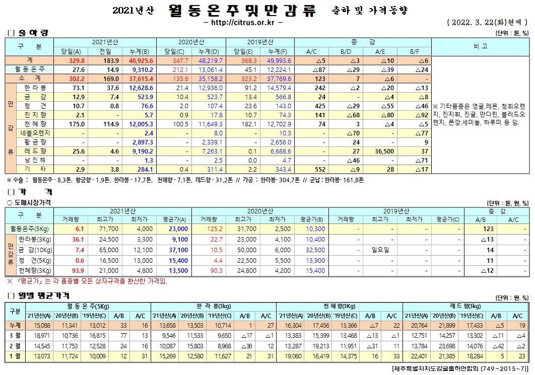 [월동&만감]2021년산 출하 및 가격동향(3/22)