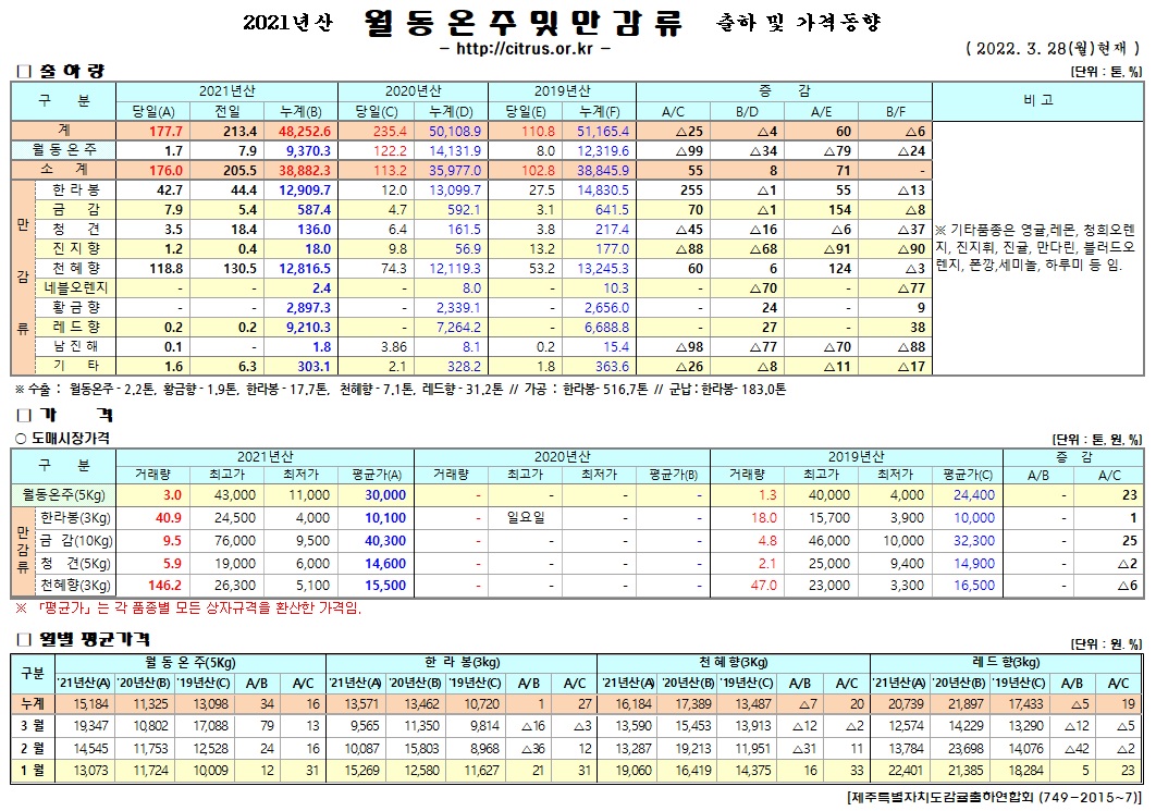 [월동&만감]2021년산 출하 및 가격동향(3/28)