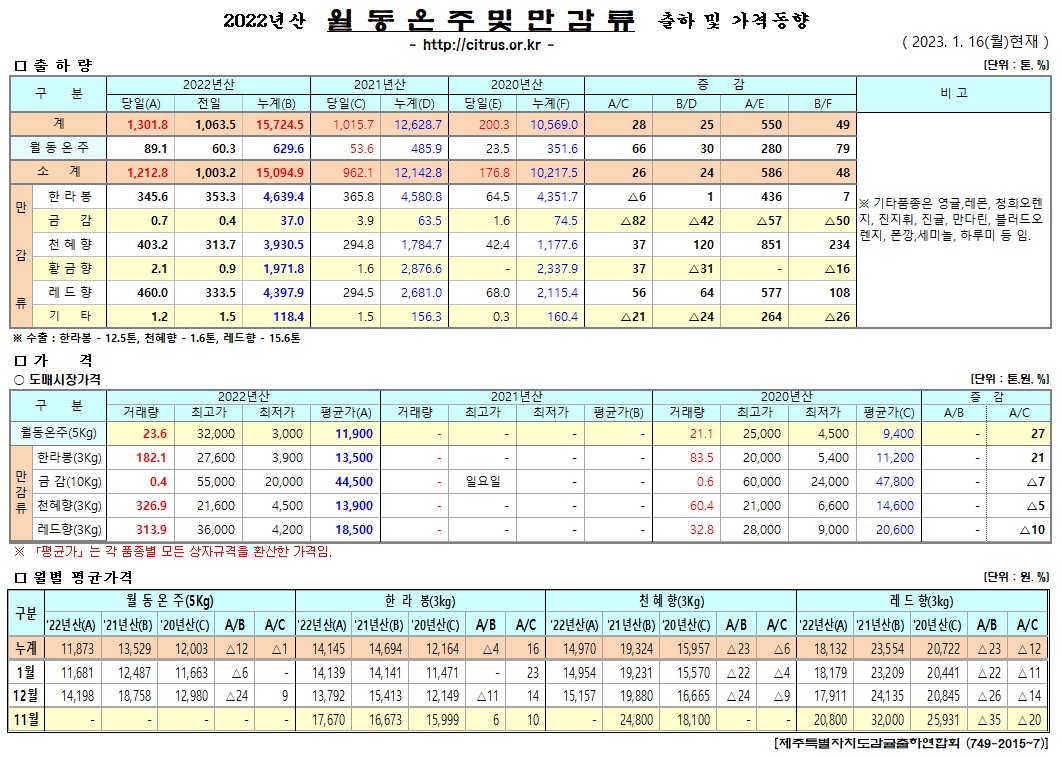[월동&만감]2022년산 출하 및 가격동향(1/16)