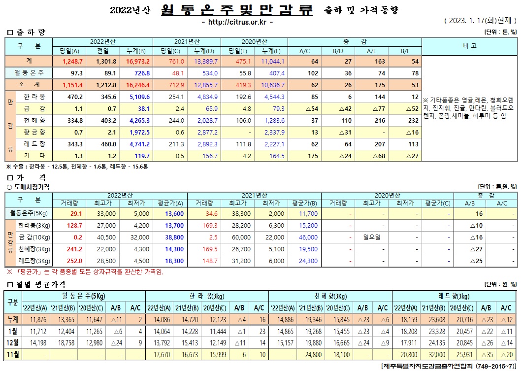 [월동&만감]2022년산 출하 및 가격동향(1/17)