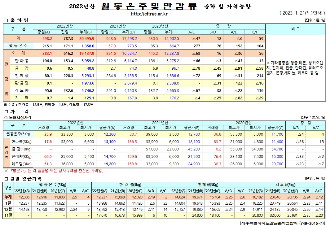 [월동&만감]2022년산 출하 및 가격동향(1/21)