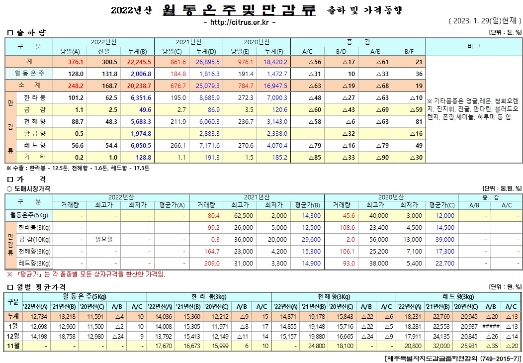 [월동&만감]2022년산 출하 및 가격동향(1/29)