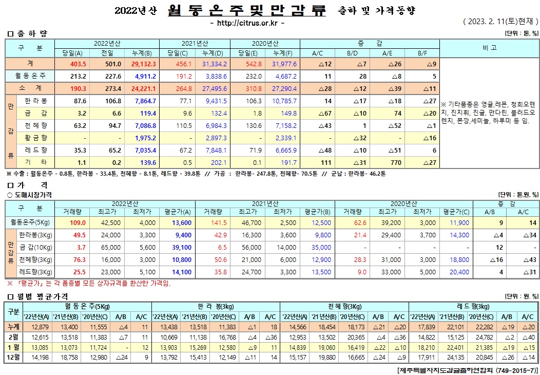 [월동&만감]2022년산 출하 및 가격동향(2/11)