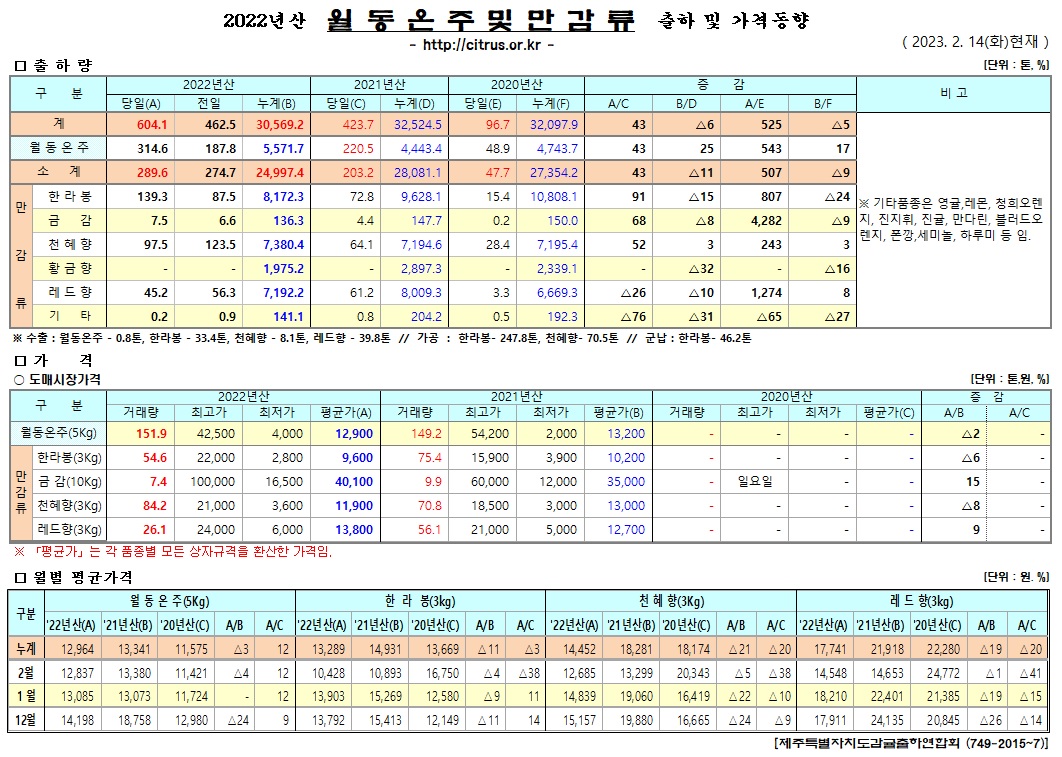 [월동&만감]2022년산 출하 및 가격동향(2/14)