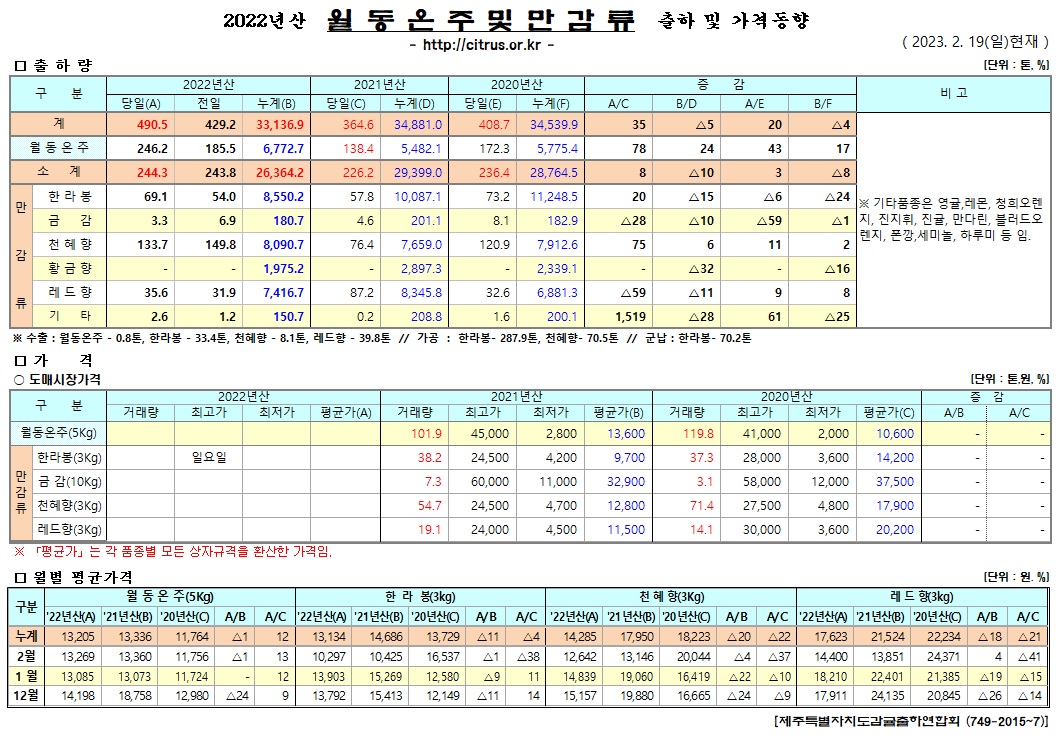 [월동&만감]2022년산 출하 및 가격동향(2/19)