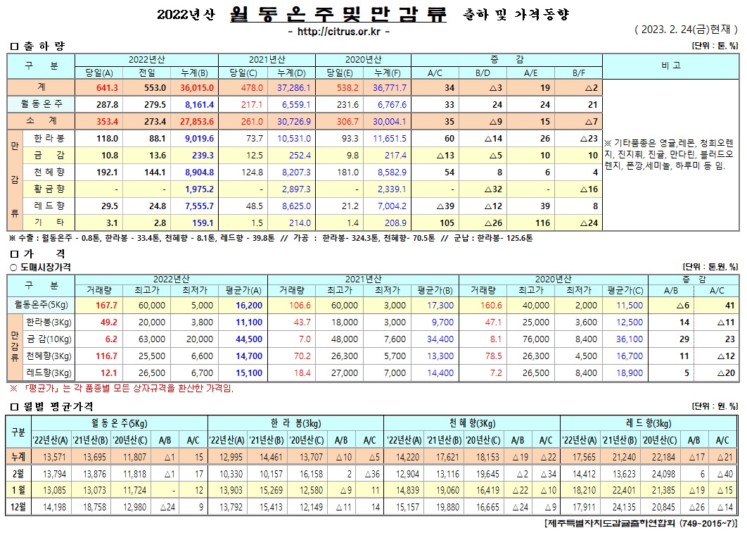 [월동&만감]2022년산 출하 및 가격동향(2/24)