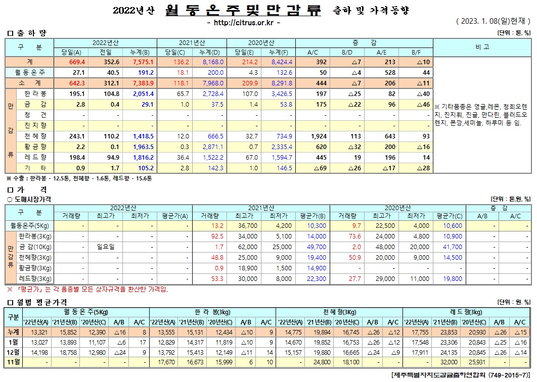 [월동&만감]2022년산 출하 및 가격동향(1/08)