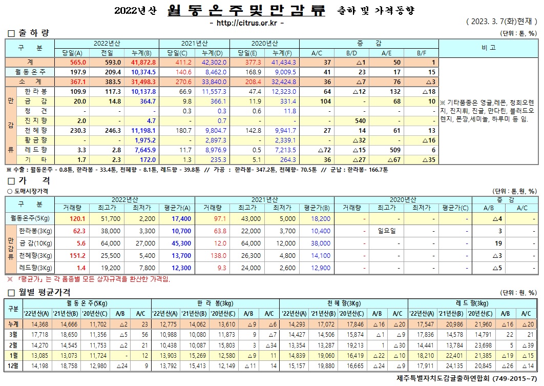 [월동&만감]2022년산 출하 및 가격동향(3/07)