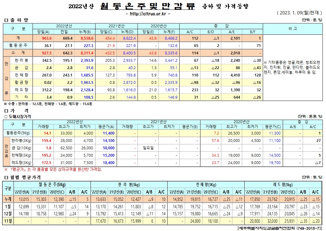 [월동&만감]2022년산 출하 및 가격동향(1/09)