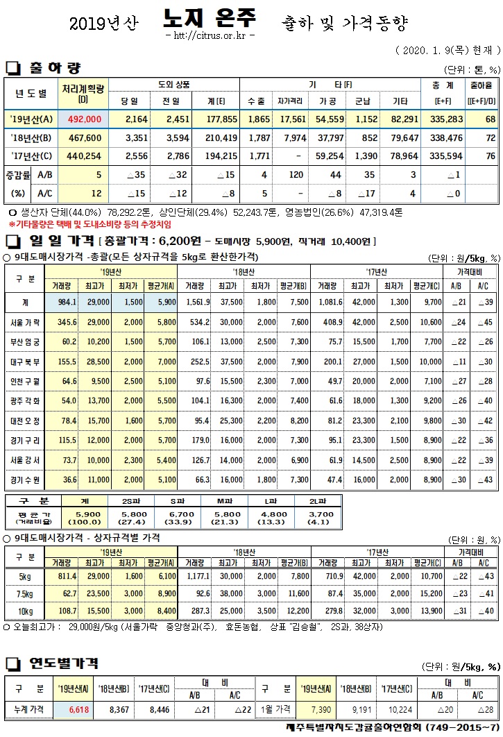 [노지온주]2019년산 출하 및 가격동향(1/09)