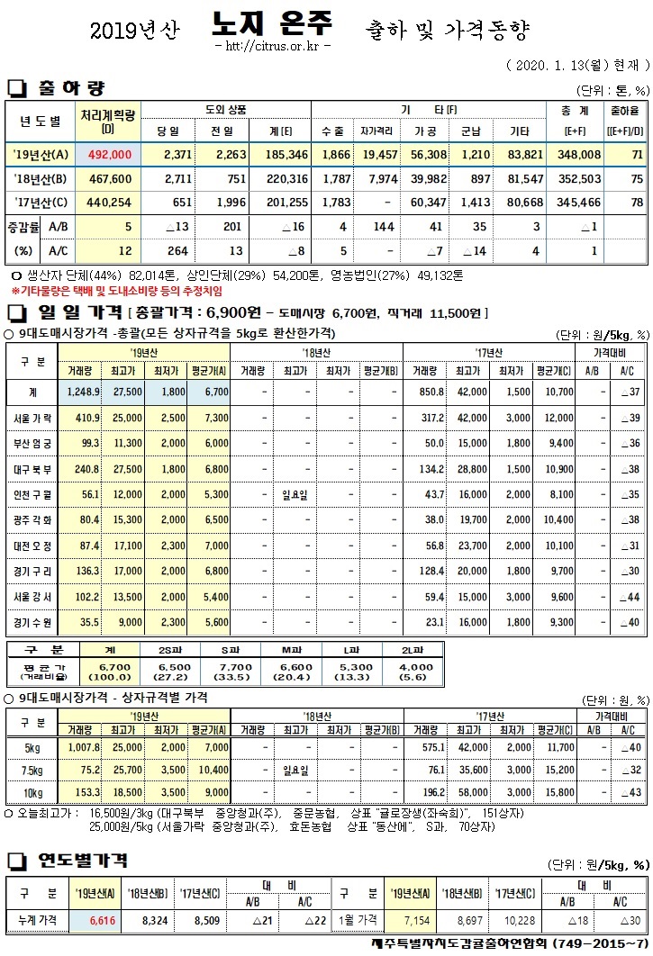 [노지온주]2019년산 출하 및 가격동향(1/13)