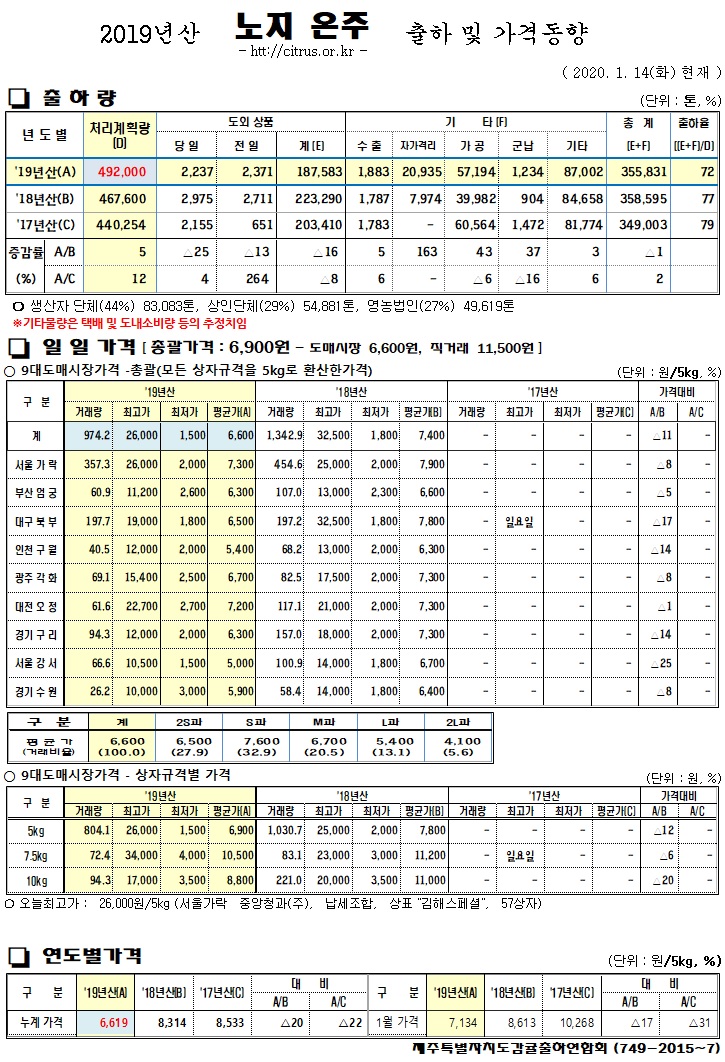 [노지온주]2019년산 출하 및 가격동향(1/14)